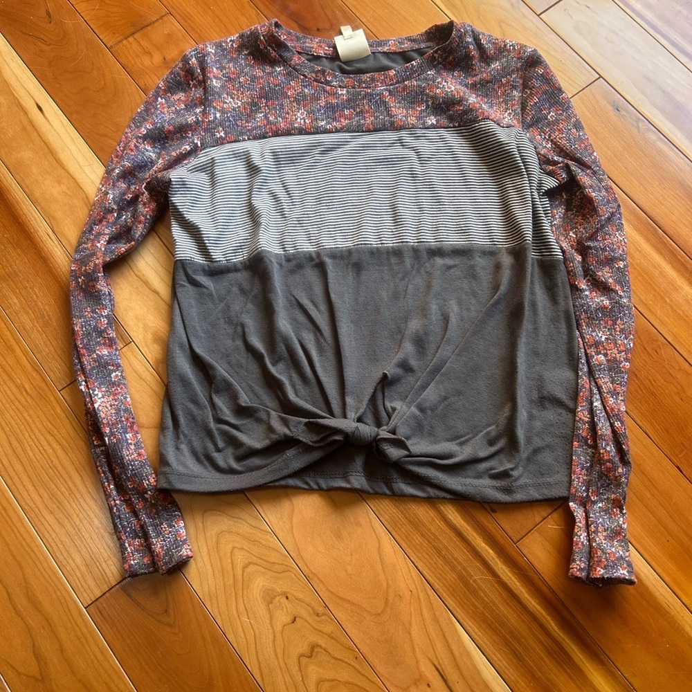 Self Esteem Floral and Striped Long Sleeve Top - Gray and Pink